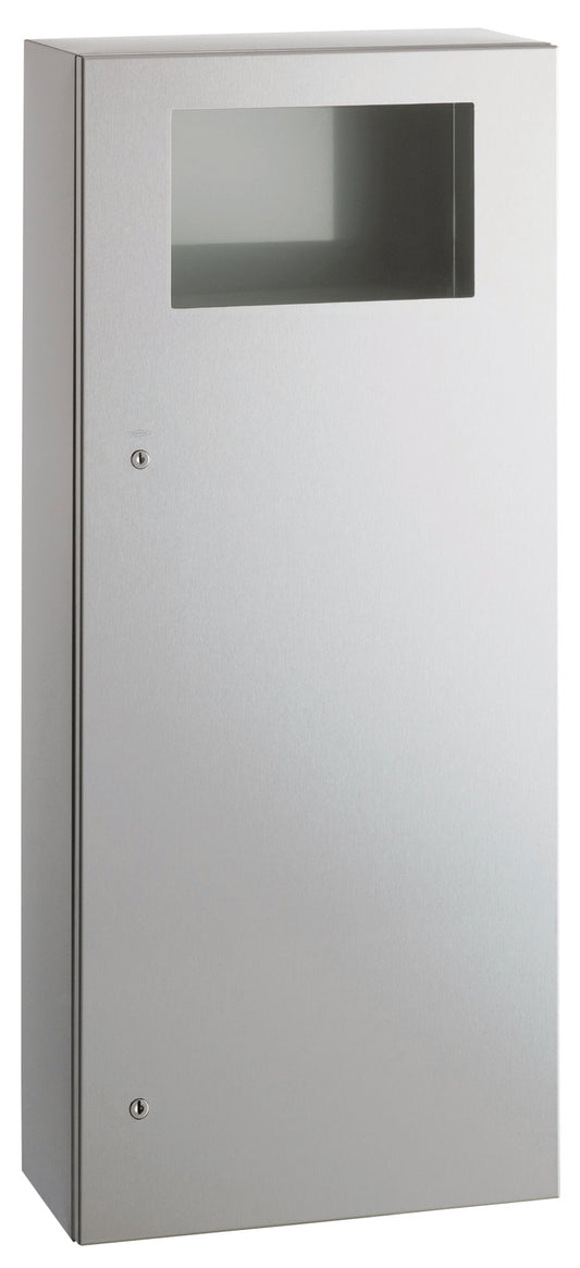The Bobrick B-35649 is a 12-gallon surface-mounted trash in stainless steel with a satin finish.