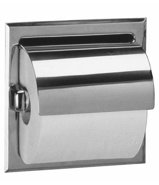 The Bobrick B-6697 is a recessed toilet tissue dispenser with a hood in stainless steel.