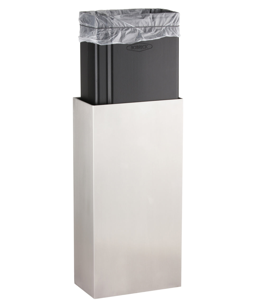 The Bobrick B-9279 is a 6-gallon surface-mounted waste receptacle in stainless steel.