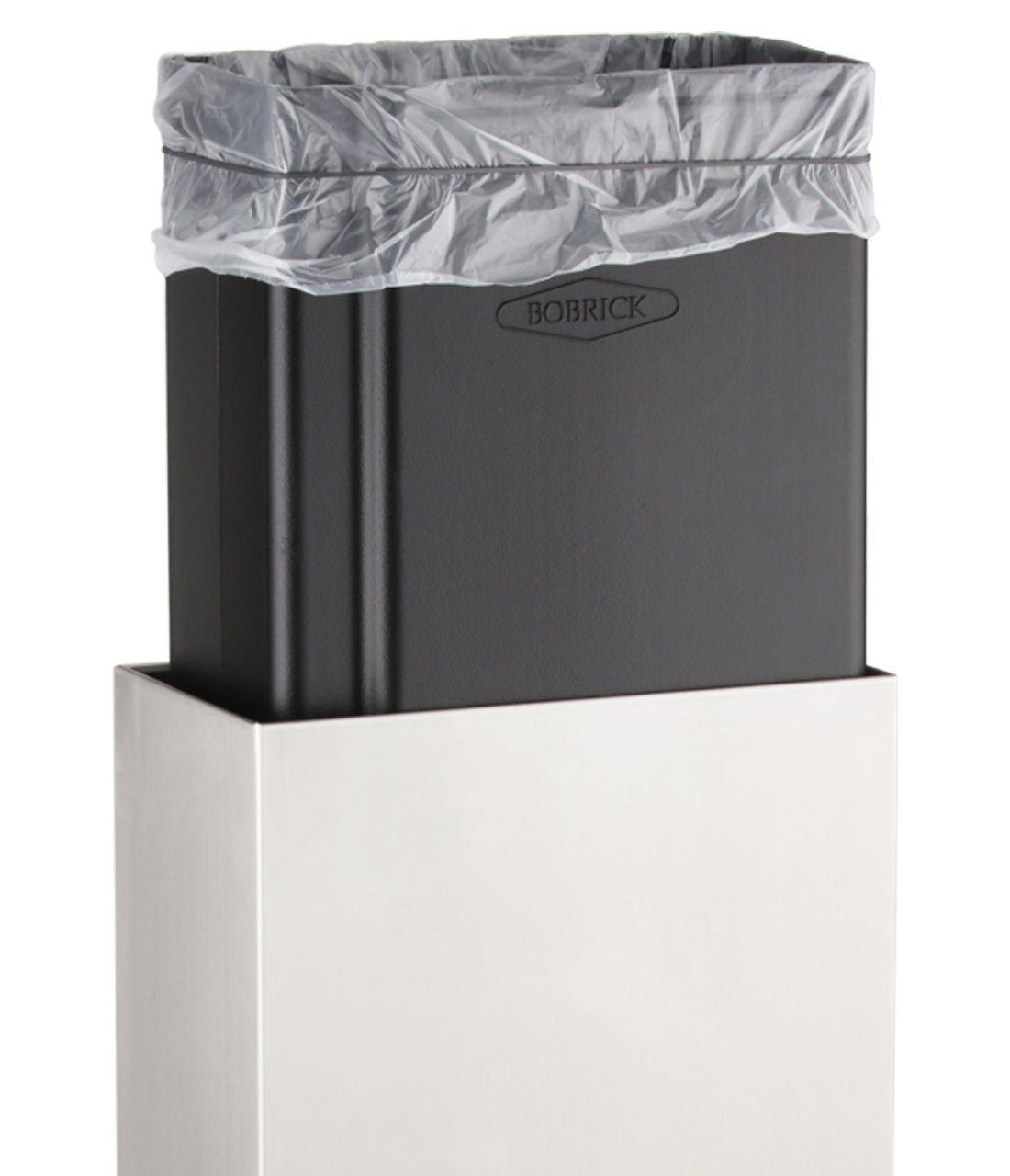 The Bobrick B-9279 is a 6-gallon surface-mounted waste receptacle in stainless steel.