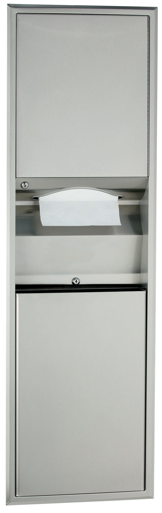 The Bobrick B-3940 recessed paper towel dispenser and 6-gallon waste bin.