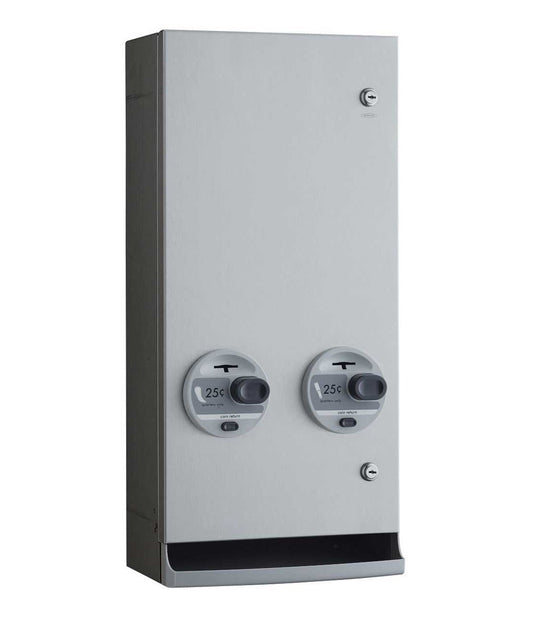 The Bobrick B-2706 25 is a push-button sanitary napkin and tampon dispenser for 25¢ operation.