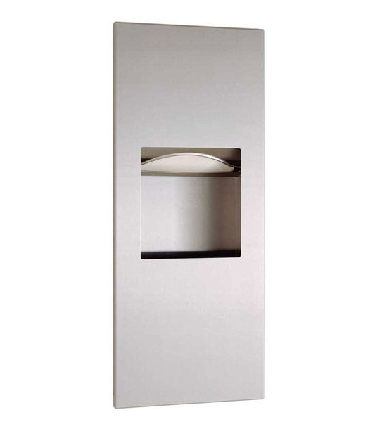 The Bobrick B-36903 is a recessed paper towel dispenser and 1.6-gallon waste receptacle with a satin finish.