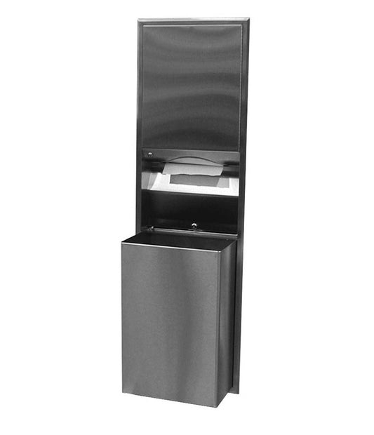 The Bobrick B-3947 includes a recessed folded paper towel dispenser and an 18-gallon waste receptacle.