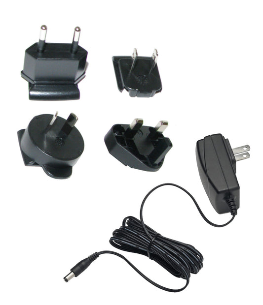 The Bobrick B-3974-55 interchangeable AC adapter and plugs for U.K., Europe, and Australia.