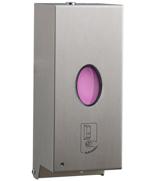 The Bobrick B-2012 is an automatic wall-mounted soap dispenser made of stainless steel.