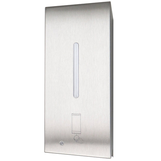 The Bobrick B-2013 is an automatic wall-mounted soap dispenser made of stainless steel with a satin finish.