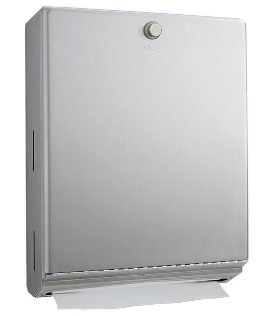 The Bobrick B-2620 is a surface-mounted paper towel dispenser that is stainless steel with a satin finish.