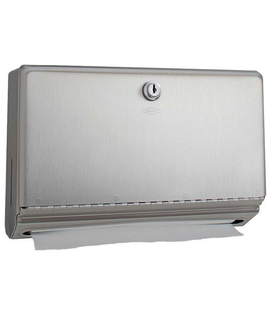 The Bobrick B-26212 is a surface-mounted paper towel dispenser that is stainless steel with a satin finish.