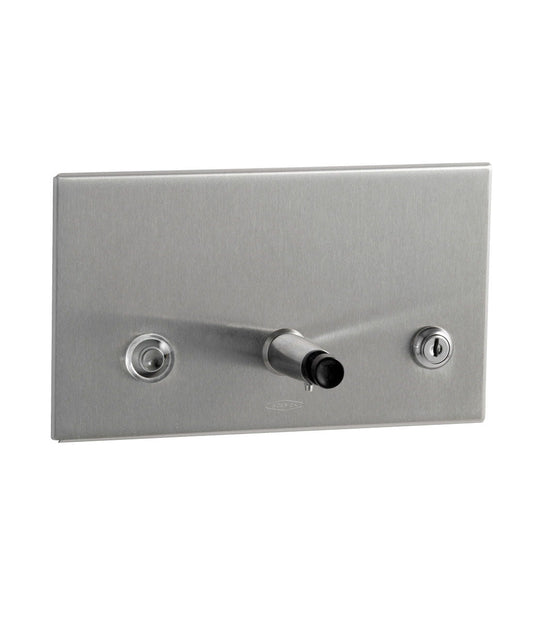 The Bobrick B-306 is a recessed 45â€‘fl oz soap dispenser in stainless steel with a satin finish.
