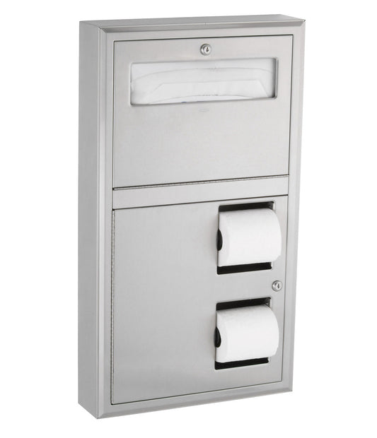 The Bobrick B-3479 is a surface-mounted toilet paper and seat cover dispenser in stainless steel with a satin finish.