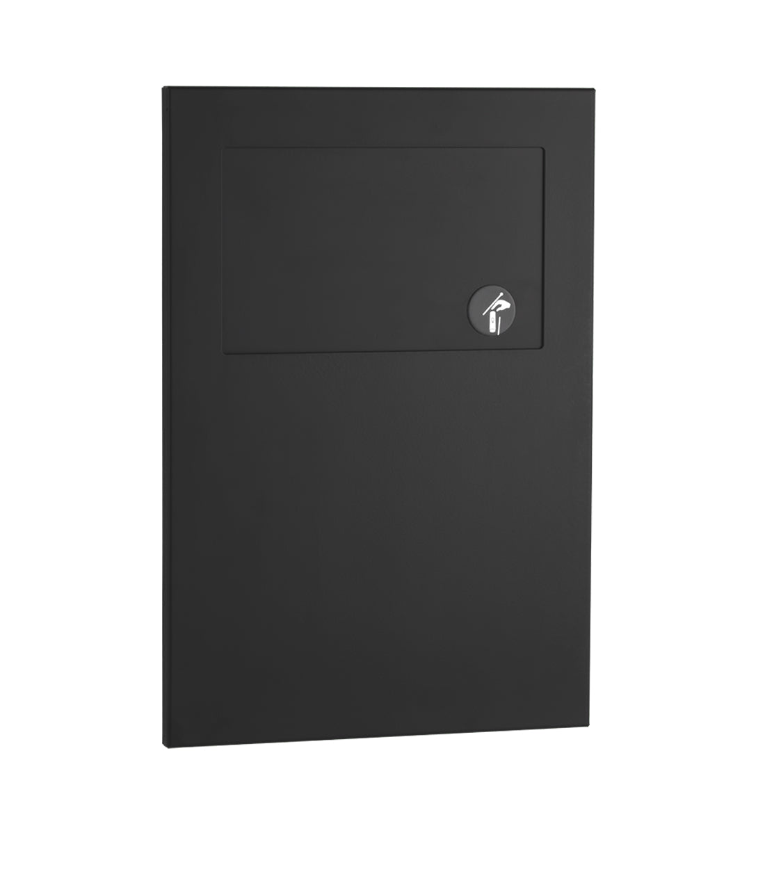The Bobrick B-35303 is a recessed 1/2 gallon sanitary napkin disposal unit in stainless steel with a matte black finish.
