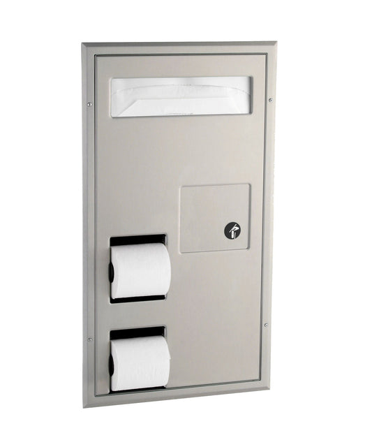 The Bobrick B-3571 is a partition-mounted seat cover and toilet tissue dispenser with a 0.8-gallon sanitary napkin disposal bin in stainless steel.