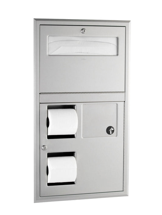 The Bobrick B-35715 is a recessed seat cover and toilet tissue dispenser with a 0.8-gallon sanitary napkin disposal bin in stainless steel.