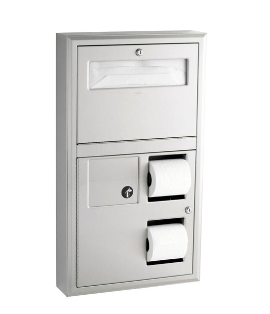The Bobrick B-3579 is a surface-mounted toilet seat cover and tissue dispenser with a 0.8-gallon sanitary napkin disposal bin in stainless steel with a satin finish.