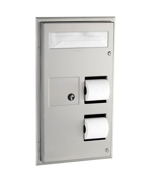 The Bobrick B-357 is a toilet tissue and seat cover dispenser with a 0.8-gallon bin for sanitary napkin disposal in stainless steel.