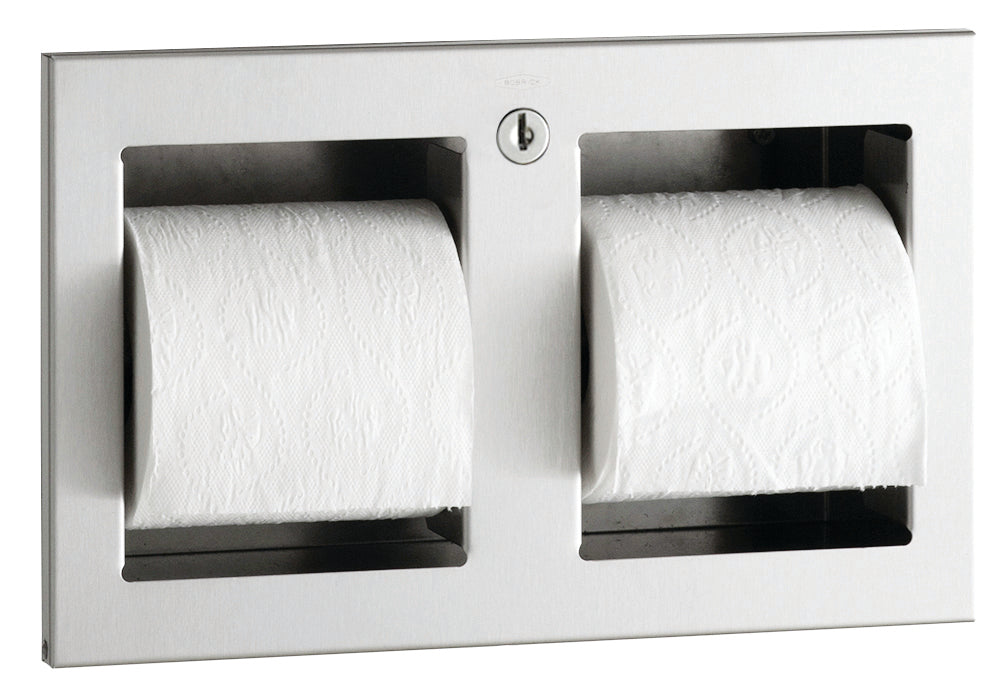 The Bobrick B-35883 is a recessed toilet tissue dispenser in stainless steel with a satin finish.