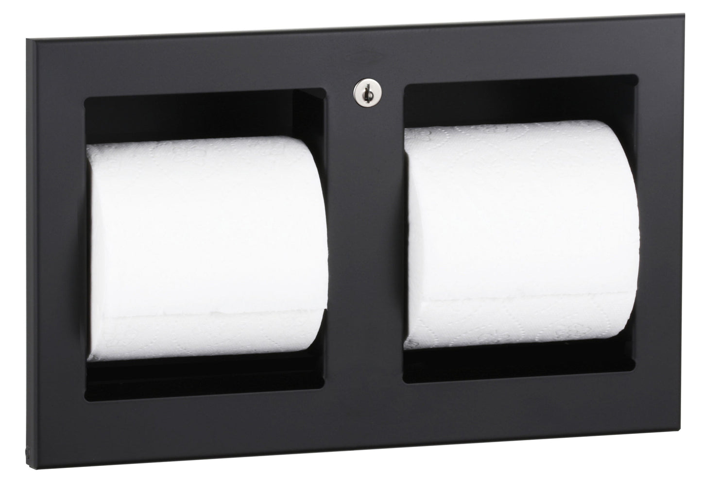 The Bobrick B-35883 is a recessed toilet tissue dispenser in stainless steel with a matte black finish.