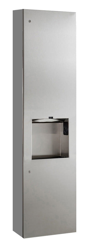The Bobrick B-380309 3-in-1 surface-mounted paper towel dispenser, automatic hand dryer, and waste bin.
