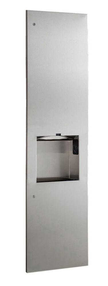 The Bobrick B-38031 Series, 3-in-1 paper towel dispenser, waste bin, and automatic hand dryer. 
