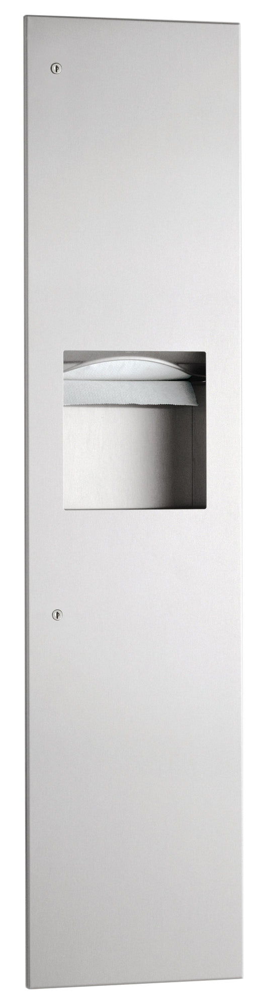 The Bobrick B-3803, a recessed paper towel and waste receptacle with a satin finish.