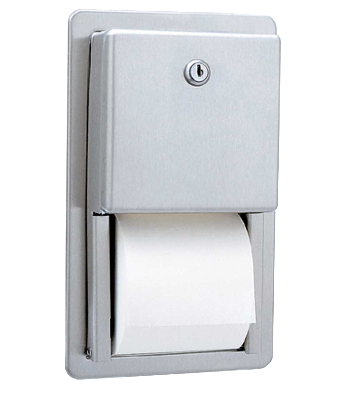 The Bobrick B-3888 is a recessed multi-roll toilet tissue dispenser in stainless steel.