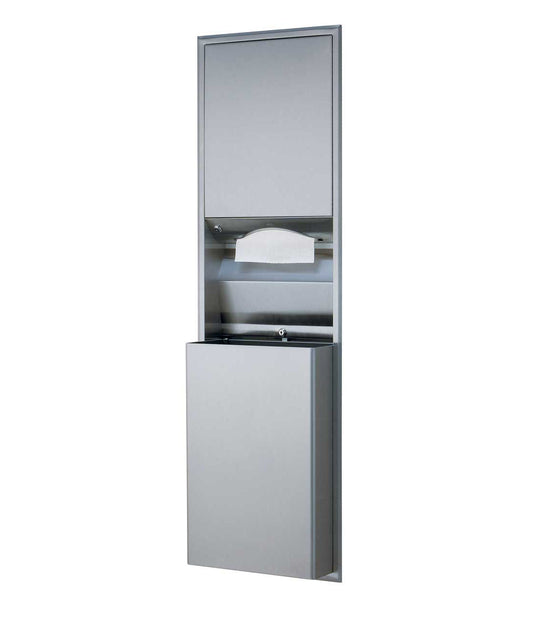 The Bobrick B-3944, a recessed convertible paper towel dispenser with a 12-gallon waste bin.