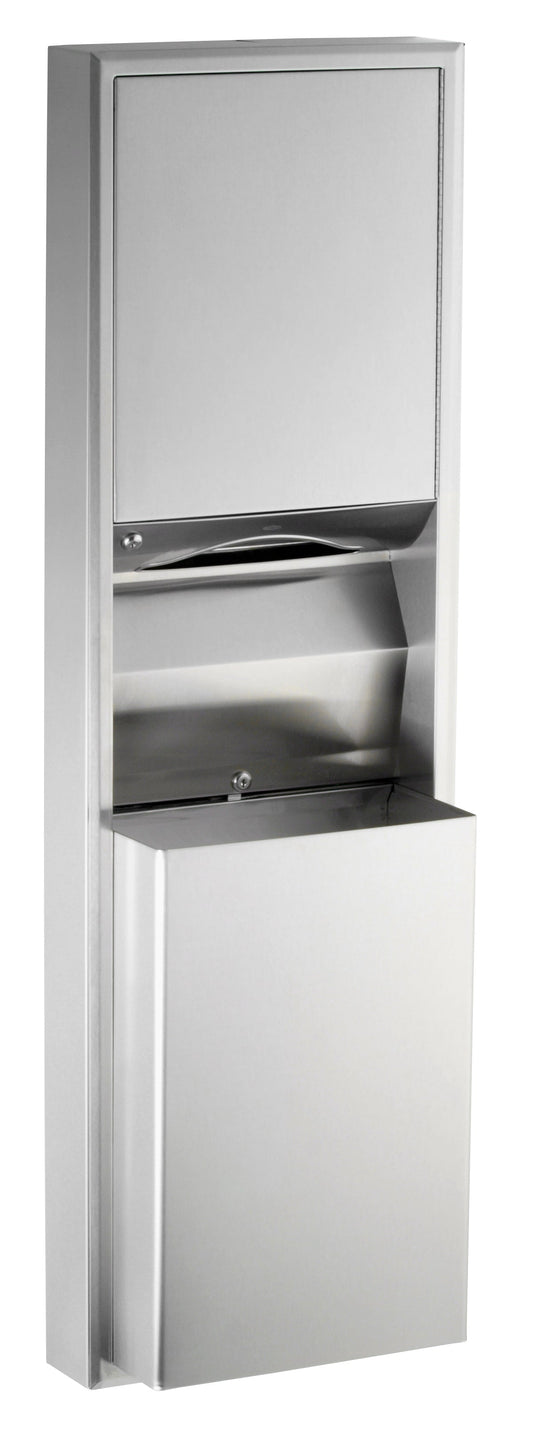 The Bobrick B-3949 is a surface-mounted paper towel dispenser and waste receptacle.