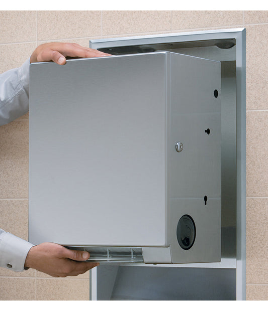The Bobrick B-3961-50, which allows for conversion to a touch-free  pull towel dispenser. 