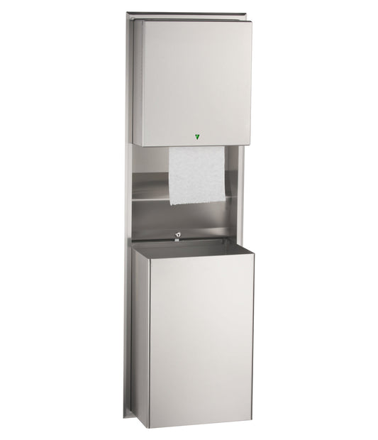 The B-39747 recessed automatic roll towel dispenser with intuitive LED light and a waste receptacle from Bobrick.