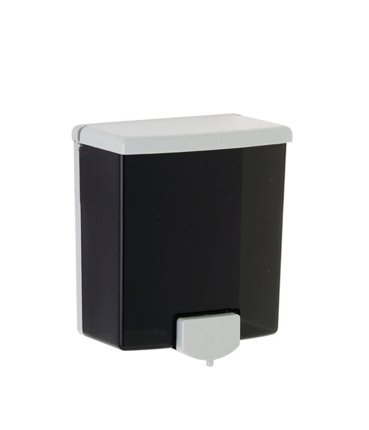 The Bobrick B-40 is a surface-mounted 40-fl oz soap dispenser in two-tone black and grey.