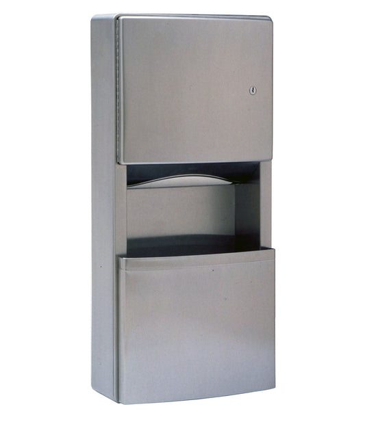  The Bobrick B-43699, a surface-mounted paper towel dispenser and 3-gallon waste receptacle.