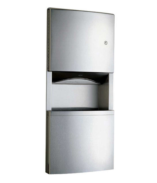 The Bobrick B-4369, a recessed paper towel dispenser and a 3-gallon waste bin. 