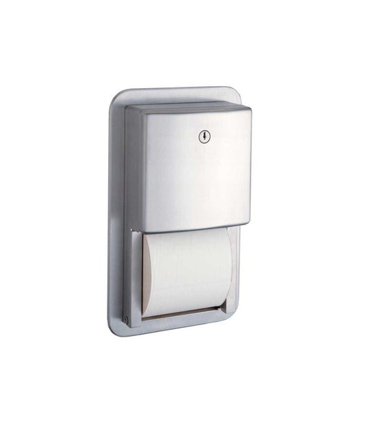 The Bobrick B-4388 is a recessed toilet tissue dispenser in stainless steel.