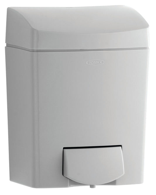 The Bobrick B-5050 is a surface-mounted 50-fl oz liquid soap dispenser in grey, impact-resistant polymer.