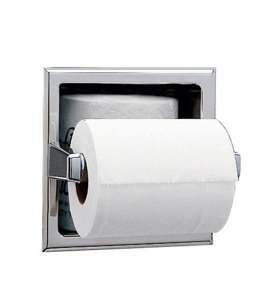 The Bobrick B-6637 is a recessed toilet paper dispenser with storage for an extra roll in stainless steel.