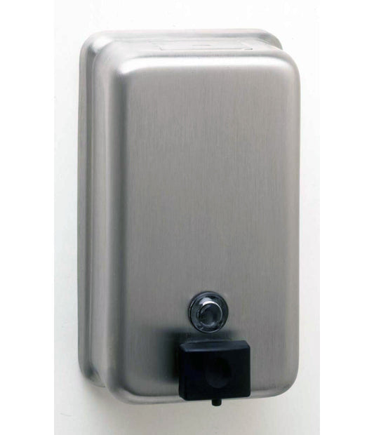 The Bobrick B-2111 is a surface-mounted 40-fl oz soap dispenser in stainless steel with a satin finish.