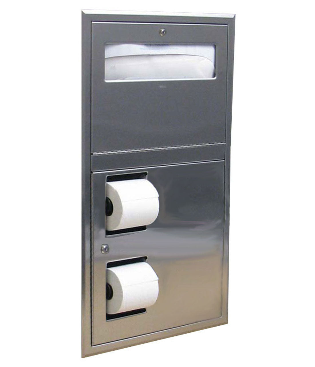 The Bobrick B-34745 is a recessed toilet seat and double roll paper dispenser in stainless steel.