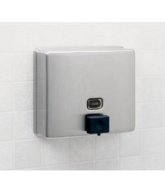 The Bobrick B-818615 is a heavy-duty  40-fl-oz surface-mounted soap dispenser in stainless steel.