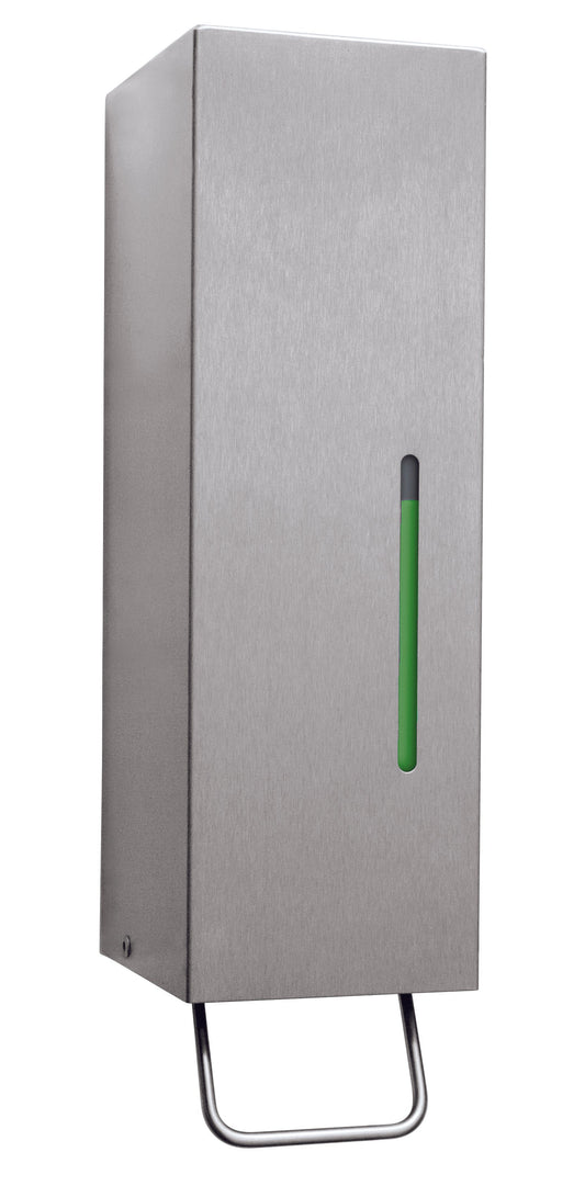 The Bobrick B-26627 is a surface-mounted 17-fl. oz foam soap dispenser in stainless steel with a satin finish.