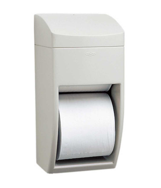 The Bobrick B-5288 is a surface-mounted toilet paper holder in grey ABS plastic.