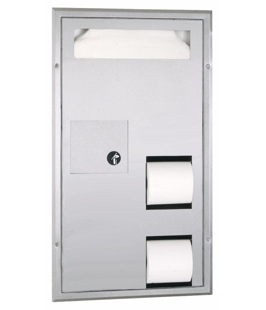 The Bobrick B-35715 is a partition-mounted seat cover and toilet tissue dispenser with a 0.8-gallon sanitary napkin disposal bin in stainless steel.